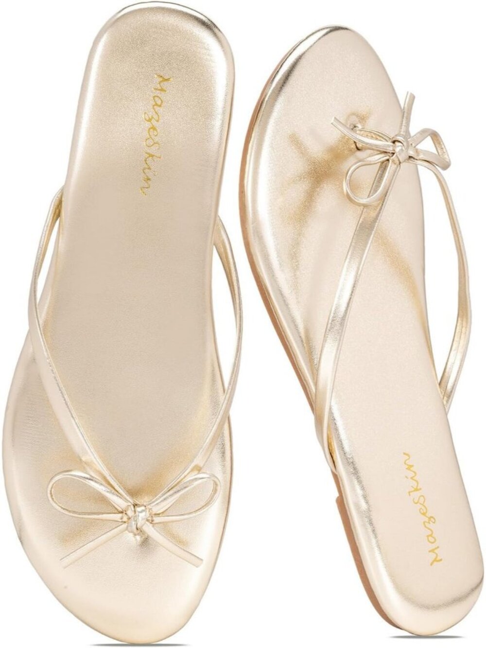 Women's Gold Faux Leather Bow Flip Flops Casual Memory Foam Thong Flat Sandals